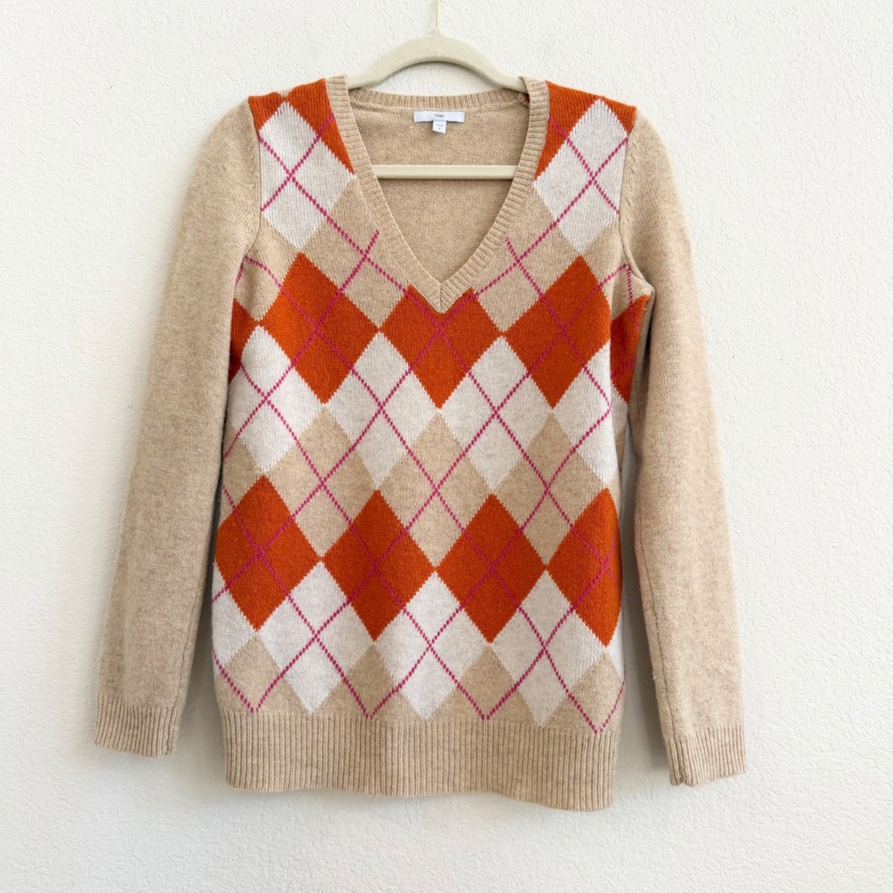 Gap Womens Small Argyle V-Neck Sweater Lambswool Blend Tan Orange Pink Preppy